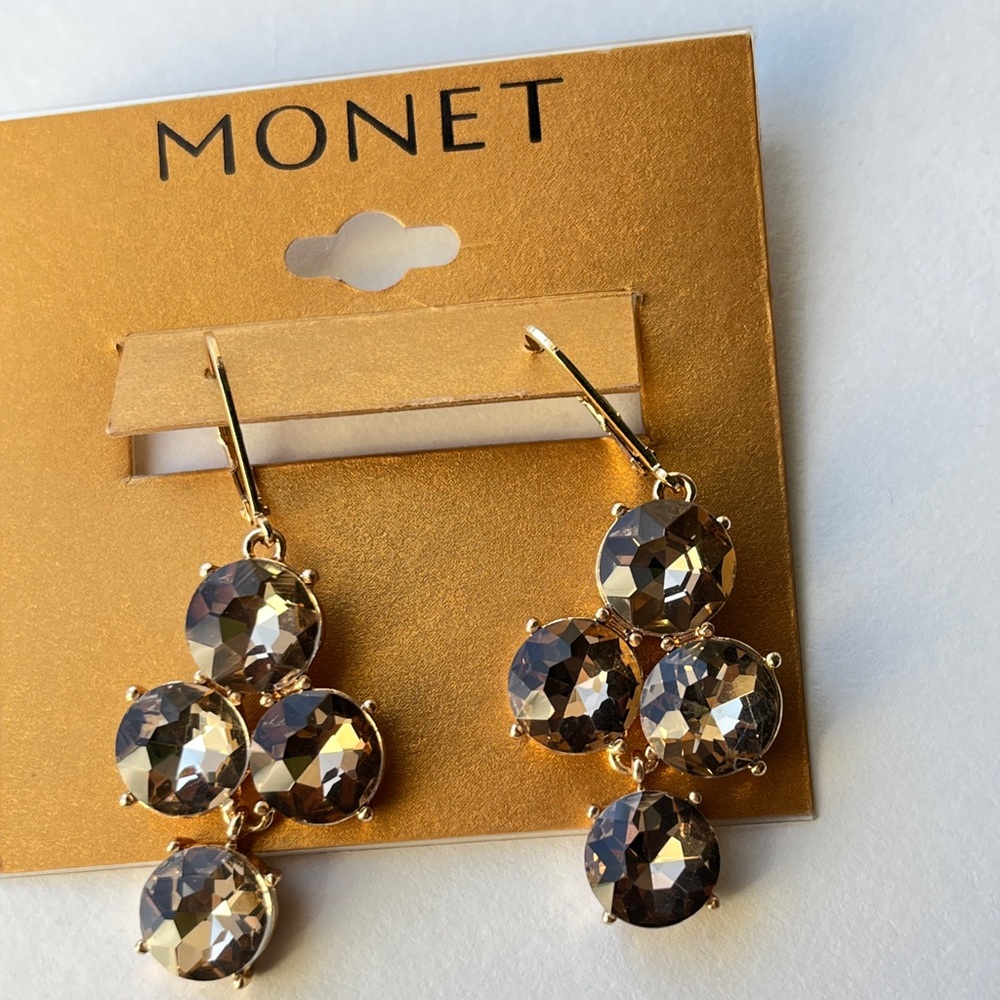 Monet Gold and Tan Triple Drop Earrings